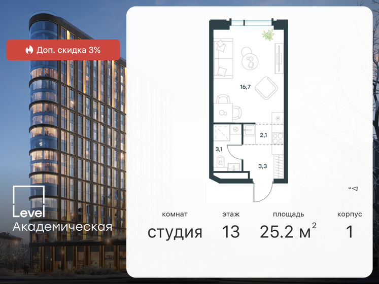 1-комнатная, 25.2 м², ЖК Level Академическая, 20 816 048 ₽