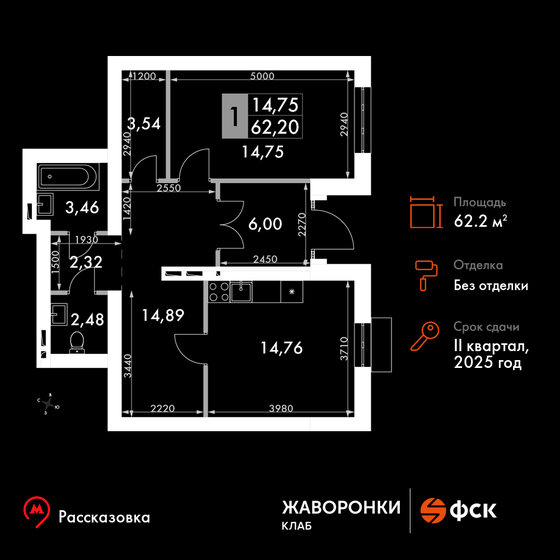 1-комнатная, 62.2 м², ЖК Жаворонки Клаб, 10 101 280 ₽