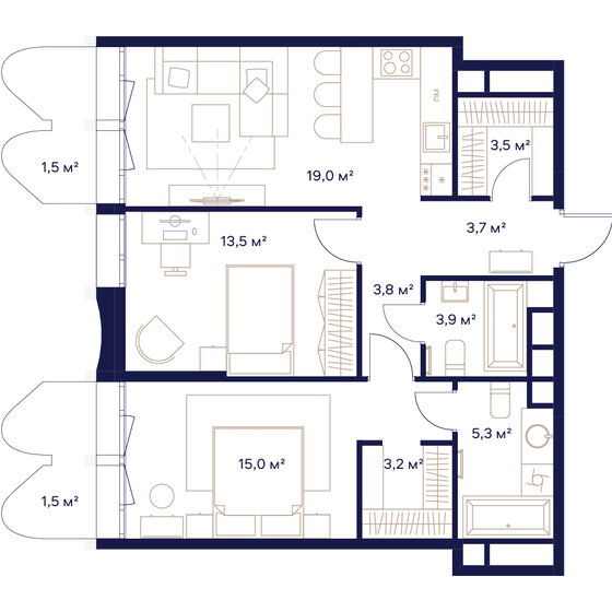 2-комнатная, 74.2м², ЖК СОЮЗ, 40 639 000 ₽