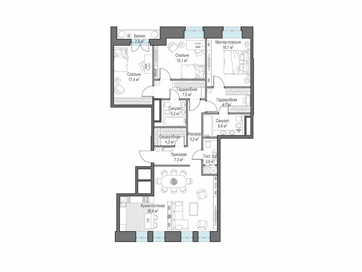 3-комнатная, 136.8 м², ЖК Чистые Пруды, 235 970 000 ₽