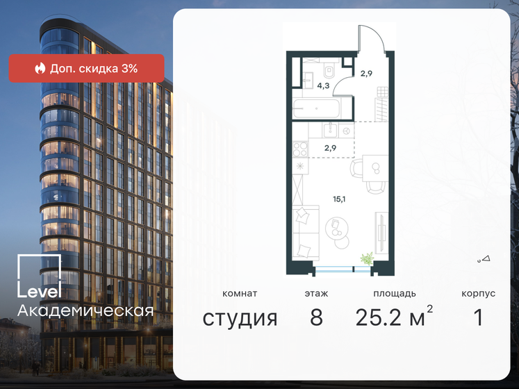 1-комнатная, 25.2 м², ЖК Level Академическая, 21 238 616 ₽