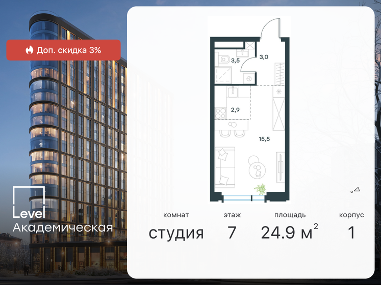 1-комнатная, 24.9 м², ЖК Level Академическая, 21 462 048 ₽