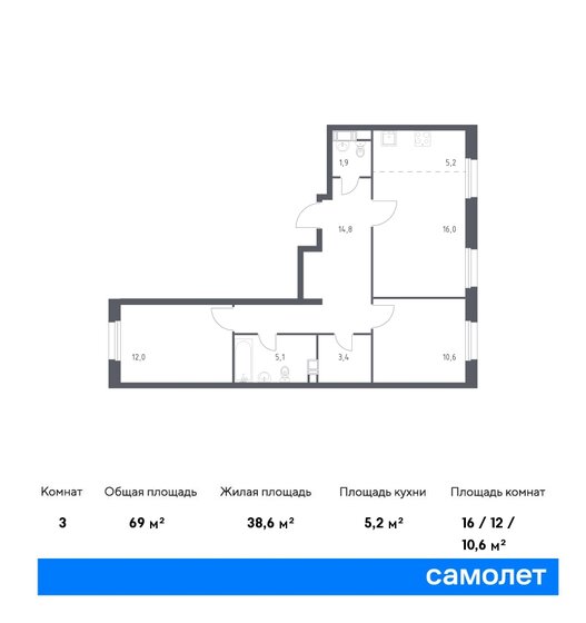 3-комнатная, 69м², ЖК Южное Бунино, 15 470 145 ₽