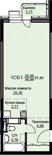 1-комнатная, 37.4м², ЖК Соболевка, 5 984 000 ₽