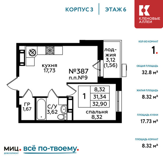 1-комнатная, 32.8м², ЖК Кленовые аллеи, 9 348 000 ₽
