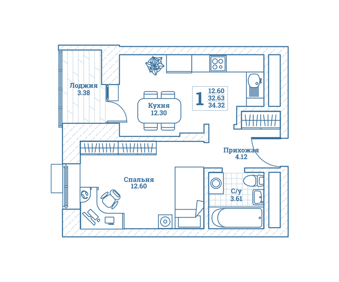 1-комнатная, 34.32 м², ЖК Новоград Монино, 4 152 720 ₽