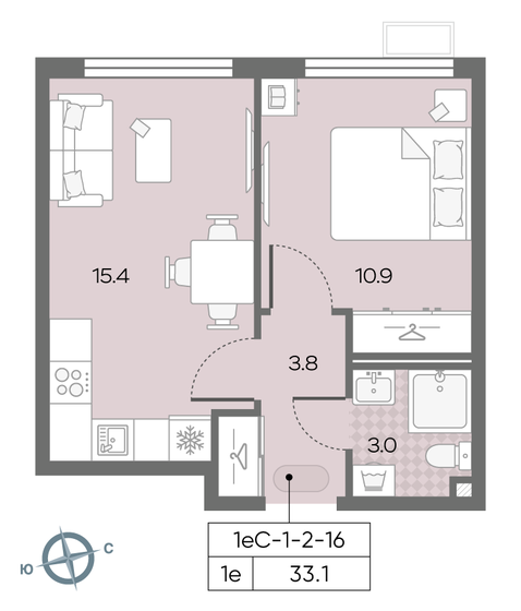 1-комнатная, 33.1м², ЖК Лучи, 8 958 184 ₽