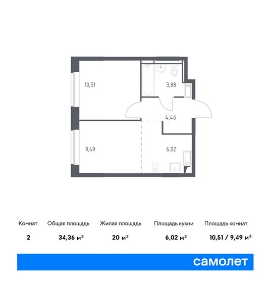 2-комнатная, 34.36м², ЖК Новое Внуково, 8 667 433 ₽