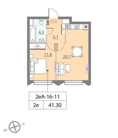 1-комнатная, 41.3 м², ЖК Зиларт, 17 520 064 ₽