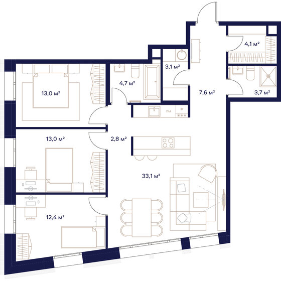 3-комнатная, 97.2м², ЖК СОЮЗ, 47 050 400 ₽