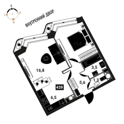 2-комнатная, 45.5 м², ЖК Интеллигент, 17 070 508 ₽