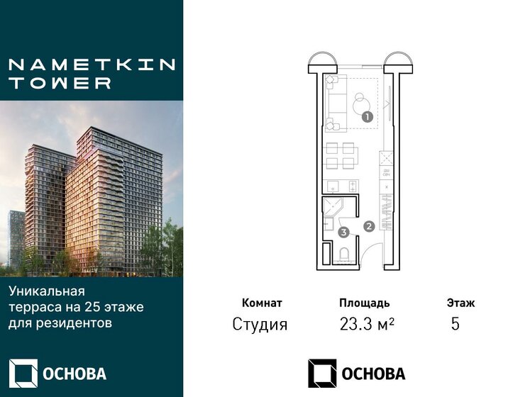 1-комнатная, 23.3 м², ЖК NAMETKIN TOWER, 9 203 500 ₽