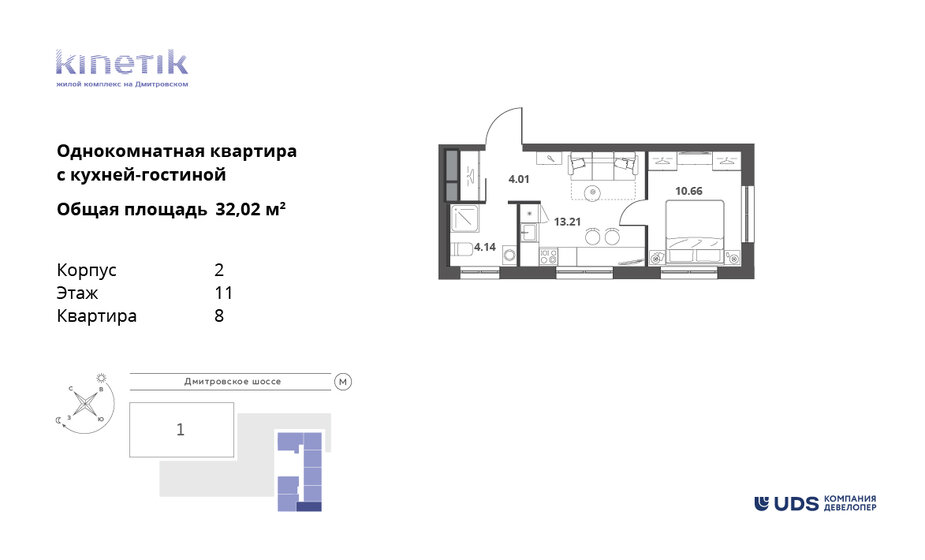 2-комнатная, 32.02 м², ЖК KINETIK, 15 365 829 ₽