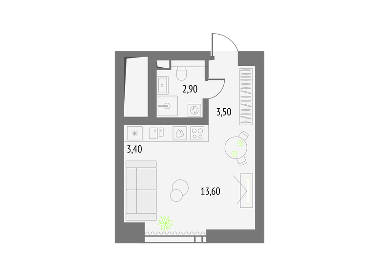1-комнатная, 23.4 м², ЖК Upside Towers, 12 372 914 ₽