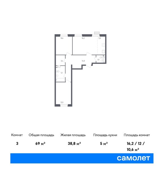 3-комнатная, 69м², ЖК Южное Бунино, 14 649 804 ₽