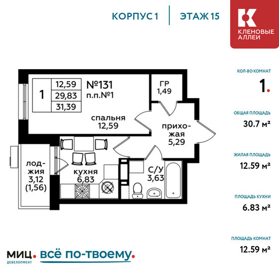 1-комнатная, 30.7м², ЖК Кленовые аллеи, 8 812 435 ₽