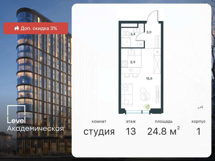 1-комнатная, 24.8 м², ЖК Level Академическая, 23 316 634 ₽