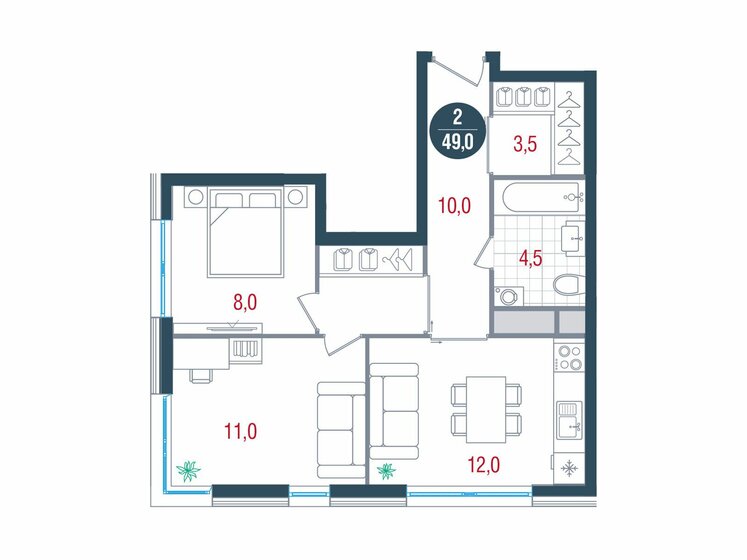 2-комнатная, 49м², ЖК РУСИЧ-Кантемировский, 14 401 100 ₽