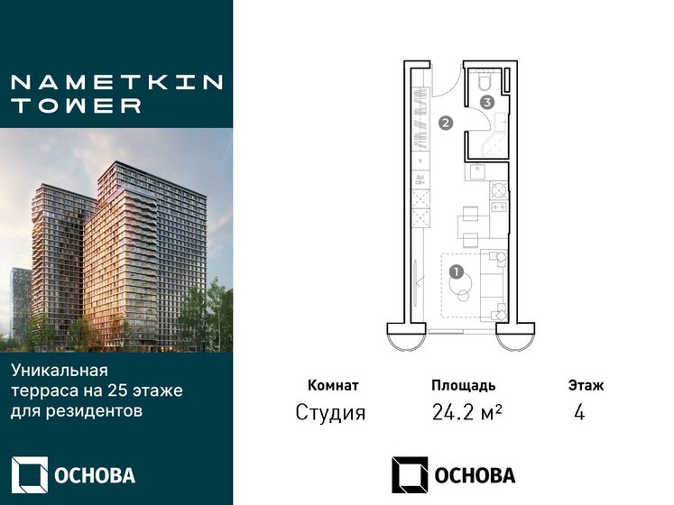 1-комнатная, 24.2 м², ЖК NAMETKIN TOWER, 8 518 400 ₽