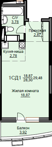 1-комнатная, 29.48 м², ЖК Соболевка, 4 569 400 ₽