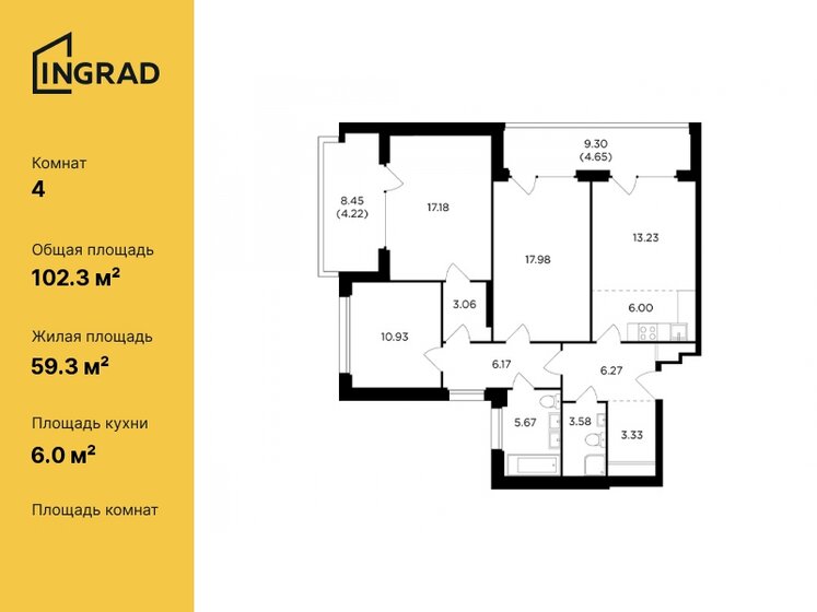 4-комнатная, 102.27м², ЖК RiverSky, 54 930 460 ₽