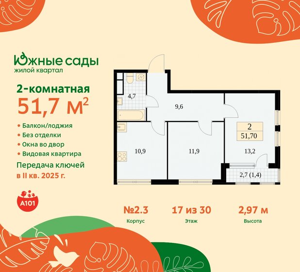 2-комнатная, 51.7м², ЖК Южные сады, 13 126 467 ₽