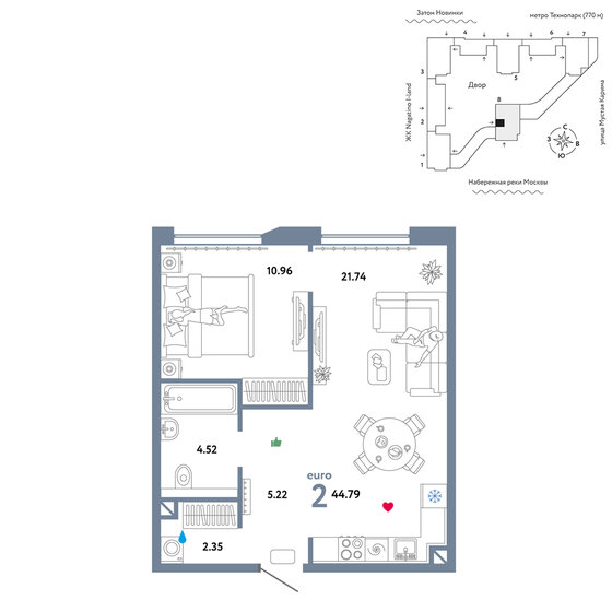 2-комнатная, 44.79м², ЖК WOW, 21 390 000 ₽