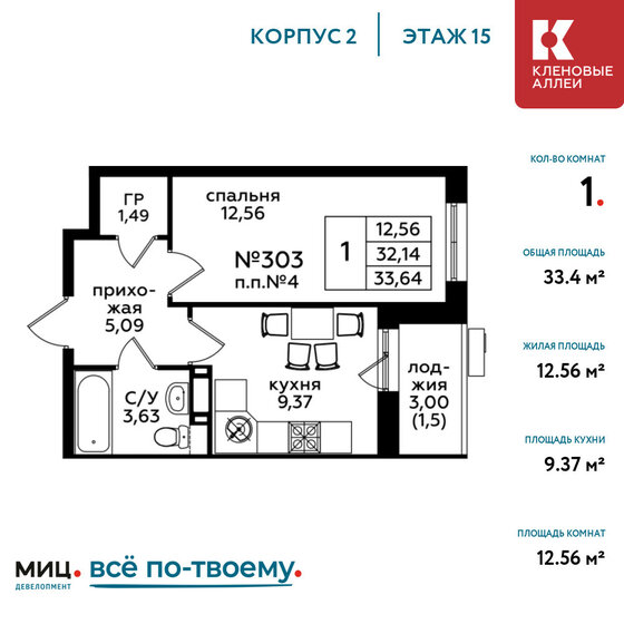 1-комнатная, 33.4м², ЖК Кленовые аллеи, 9 508 980 ₽