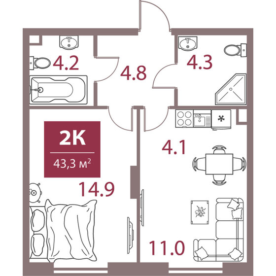 2-комнатная, 43.3 м², ЖК Legacy, 25 902 060 ₽