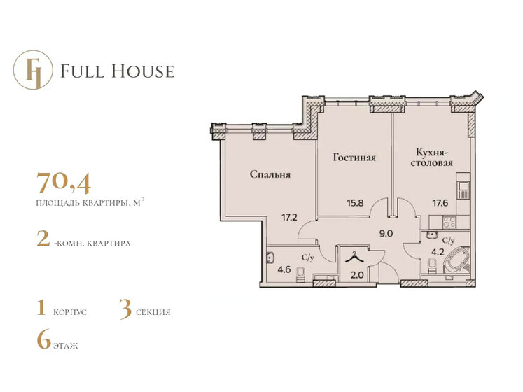 2-комнатная, 70.4 м², ЖК Full House, 36 326 400 ₽