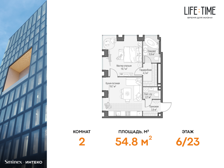 2-комнатная, 54.8м², ЖК ONEST, 49 590 000 ₽