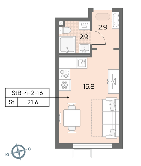 1-комнатная, 21.6м², ЖК Лучи, 5 950 519 ₽