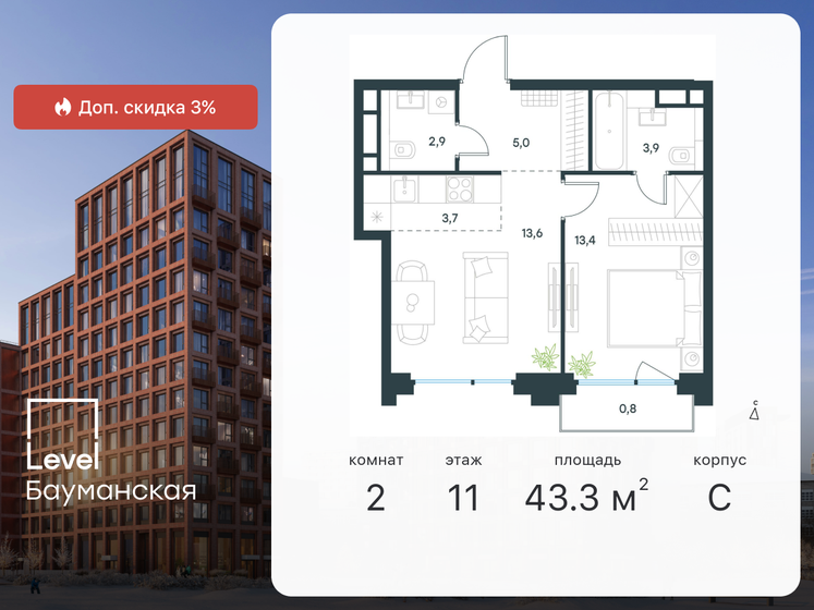 2-комнатная, 43.3 м², ЖК Level Бауманская, 22 372 848 ₽