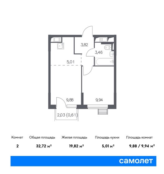 2-комнатная, 33.1м², ЖК Новое Внуково, 7 523 506 ₽