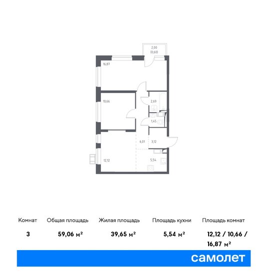 3-комнатная, 59.06м², ЖК Новое Внуково, 13 253 448 ₽