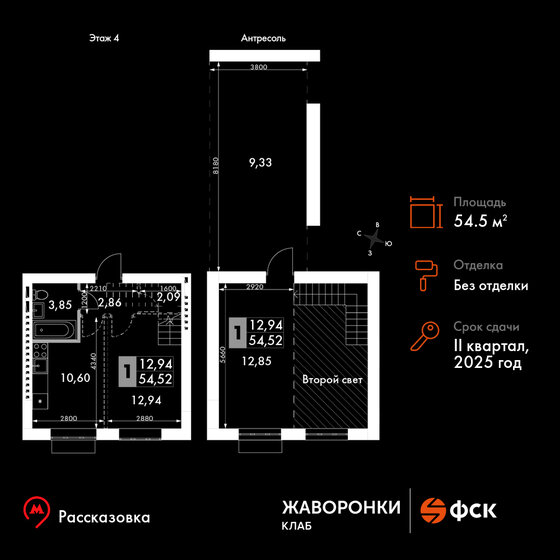 1-комнатная, 54.52 м², ЖК Жаворонки Клаб, 9 475 576 ₽