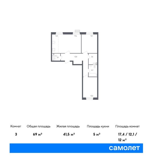 3-комнатная, 69м², ЖК Южное Бунино, 14 760 342 ₽