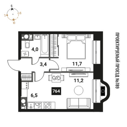 2-комнатная, 36.8 м², ЖК Интеллигент, 16 894 144 ₽