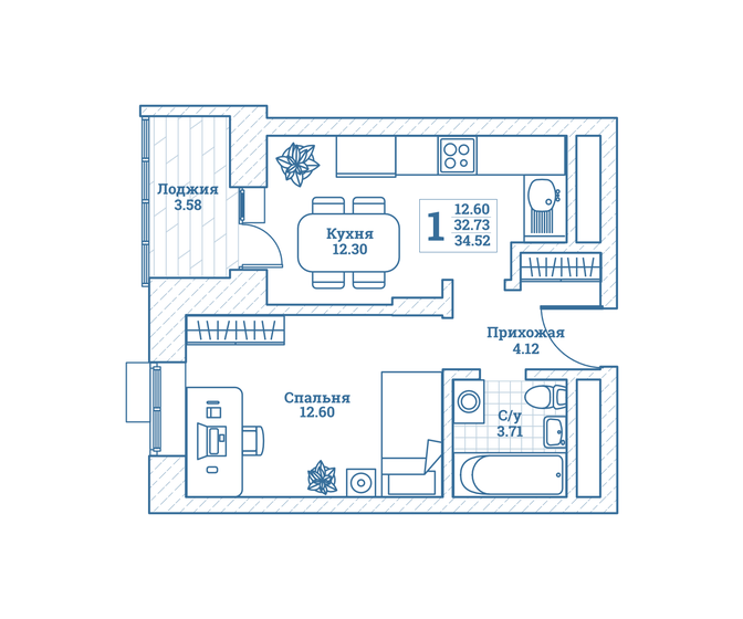 1-комнатная, 34.52 м², ЖК Новоград Монино, 4 176 920 ₽