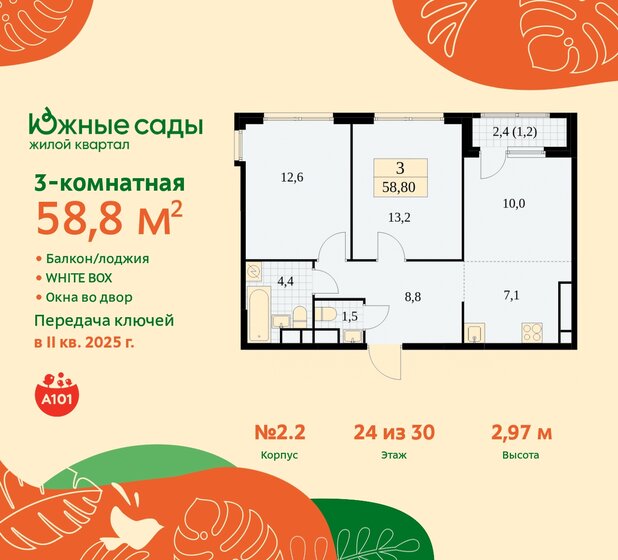 3-комнатная, 58.8м², ЖК Южные сады, 15 889 229 ₽