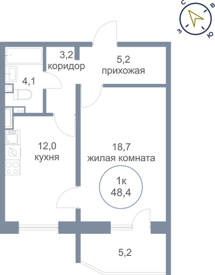 1-комнатная, 48.4 м², ЖК Первый Зеленоградский, 8 200 000 ₽