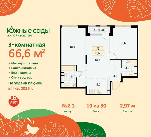 3-комнатная, 66.6м², ЖК Южные сады, 15 215 936 ₽