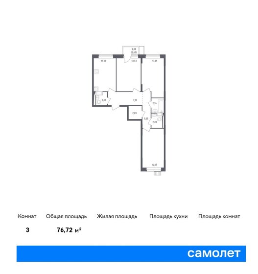 3-комнатная, 76.72м², ЖК Новое Внуково, 16 786 266 ₽