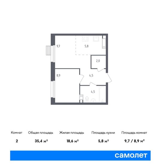 2-комнатная, 35.4м², ЖК Южное Бунино, 8 185 082 ₽