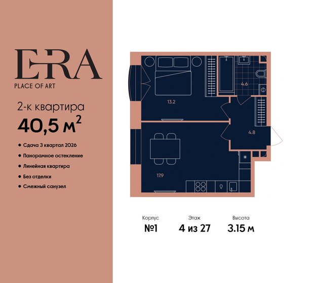 2-комнатная, 40.5 м², ЖК ERA, 21 837 600 ₽