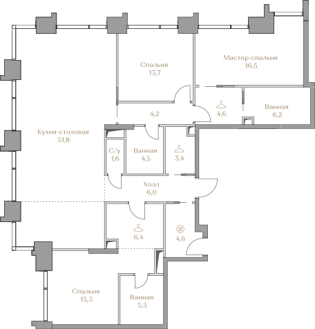 3-комнатная, 144.3м², ЖК LUZHNIKI COLLECTION, 206 898 000 ₽