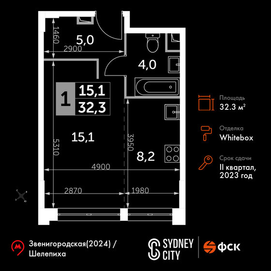 1-комнатная, 32.3 м², ЖК Sydney City, 22 955 610 ₽