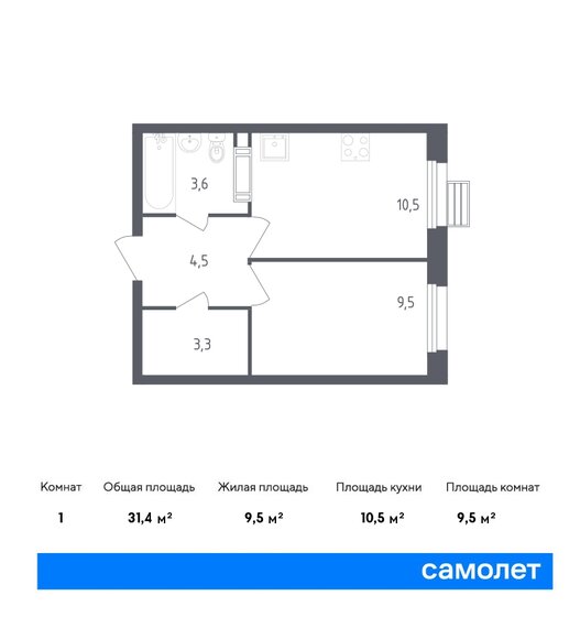 1-комнатная, 31.4м², ЖК Южное Бунино, 7 451 220 ₽