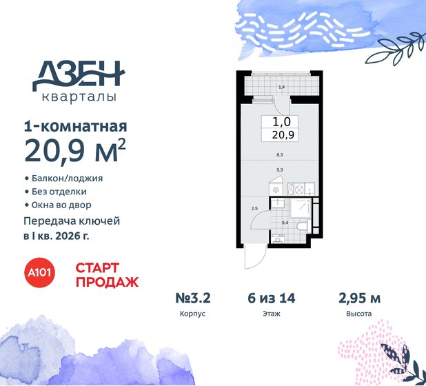 1-комнатная, 20.9 м², ЖК Дзен-кварталы, 7 248 030 ₽