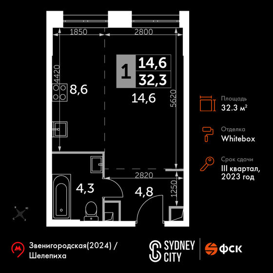 1-комнатная, 32.3 м², ЖК Sydney City, 22 148 110 ₽